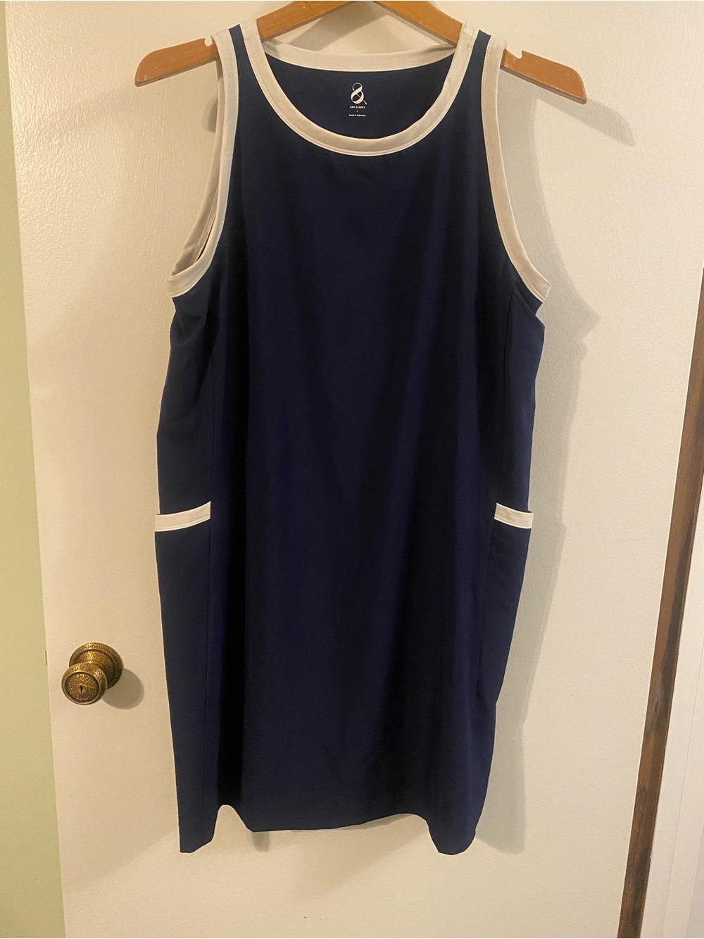 Lou and Gray Navy athletic dress with white trim.